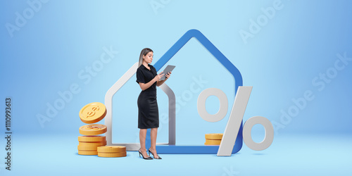 Woman with tablet near house outline, coins, and percentage sign