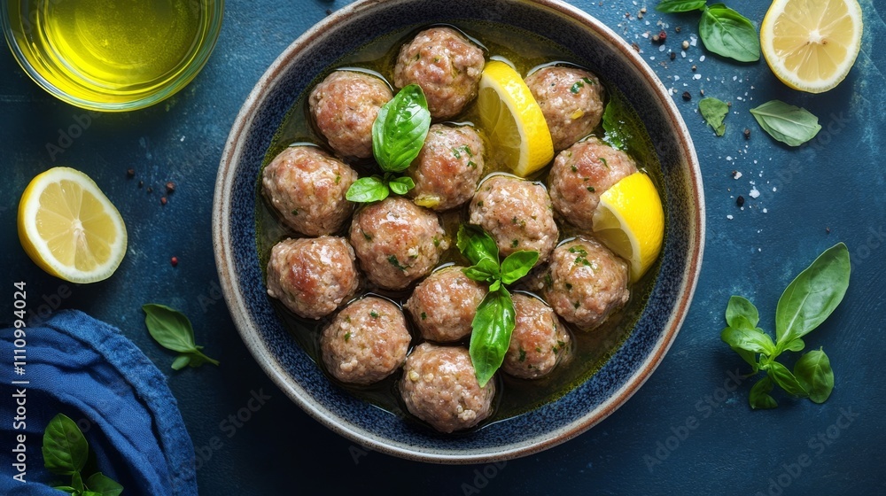 Meatballs simmering in olive oil with herbs and lemon served in a bowl Meatballs simmering in olive oil with herbs and lemon served in a bowl
