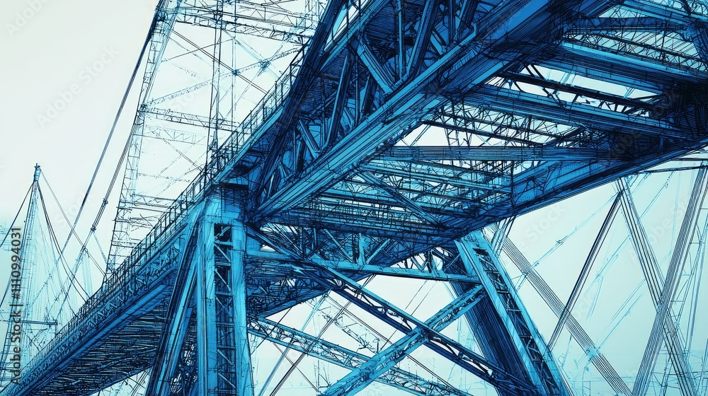 Abstract Structural View of a Bridge Featuring Intricate Metallic Framework and Geometric Patterns in Shades of Blue and Teal, Capturing Engineering Marvels and Aesthetics Abstract Structural View of a Bridge Featuring Intricate Metallic Framework and Geometric Patterns in Shades of Blue and Teal, Capturing Engineering Marvels and Aesthetics