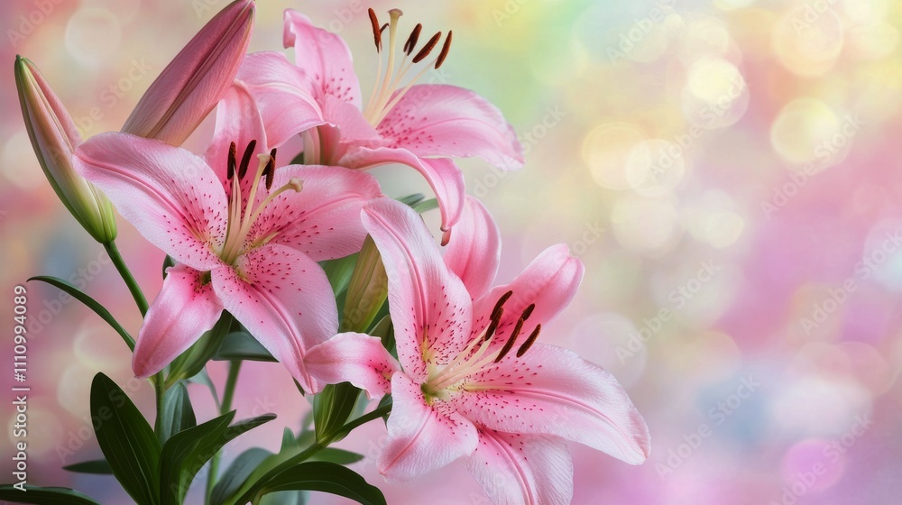 Beautiful pink lilies thriving in a serene garden setting with a soft bokeh background Beautiful pink lilies thriving in a serene garden setting with a soft bokeh background