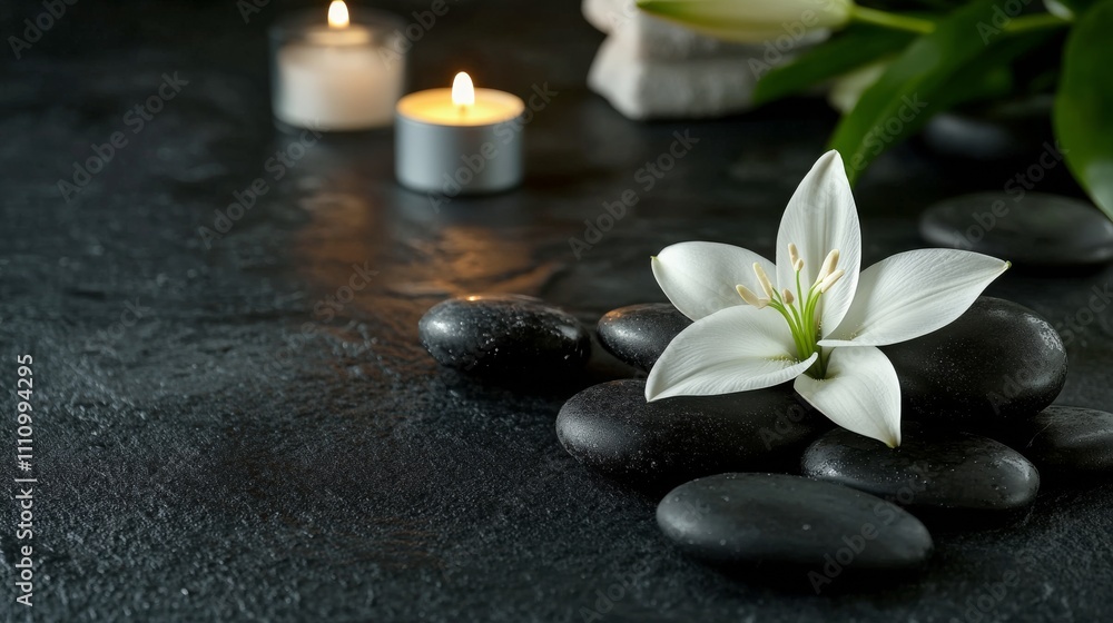 Elegant white lily surrounded by candles and stones on a dark surface for relaxation Elegant white lily surrounded by candles and stones on a dark surface for relaxation