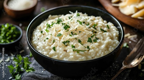 Creamy Risotto with Parmesan Cheese and Fresh Herbs Served in a Dark Bowl, Surrounded by Garnishes and Ingredients for a Cozy Dining Experience