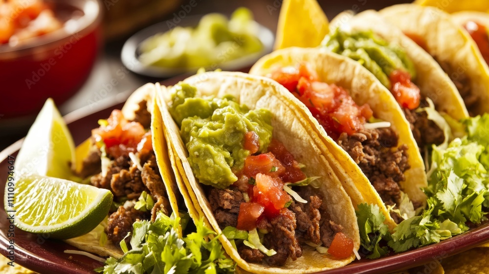 Photo of, A mouthwatering plate of beef tacos topped with salsa, guacamole Photo of, A mouthwatering plate of beef tacos topped with salsa, guacamole