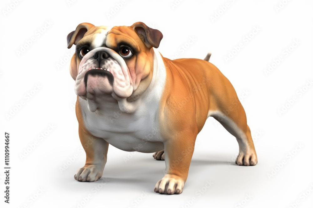 A brown and white bulldog standing on a white background. A brown and white bulldog standing on a white background.
