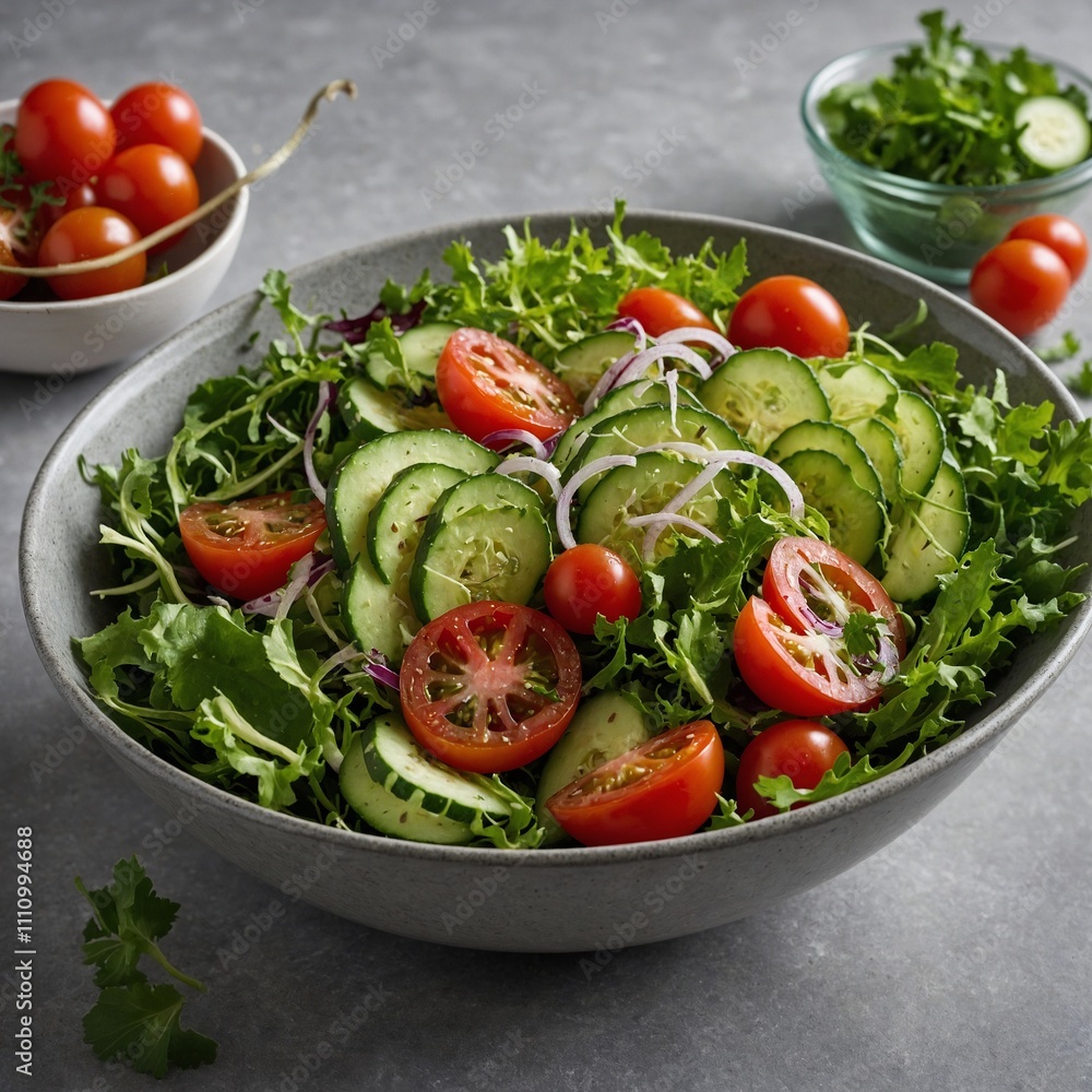 A gourmet salad bowl with mixed greens, cherry tomatoes, and thinly sliced cucumbers. A gourmet salad bowl with mixed greens, cherry tomatoes, and thinly sliced cucumbers.