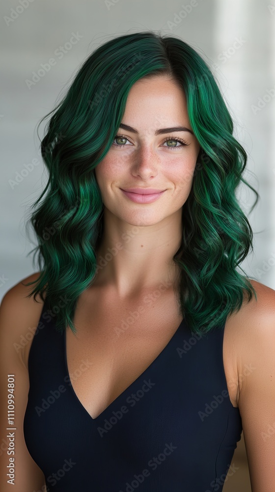 Smiling young woman with vibrant green hair, wearing a black top, exudes confidence and style. Smiling young woman with vibrant green hair, wearing a black top, exudes confidence and style.