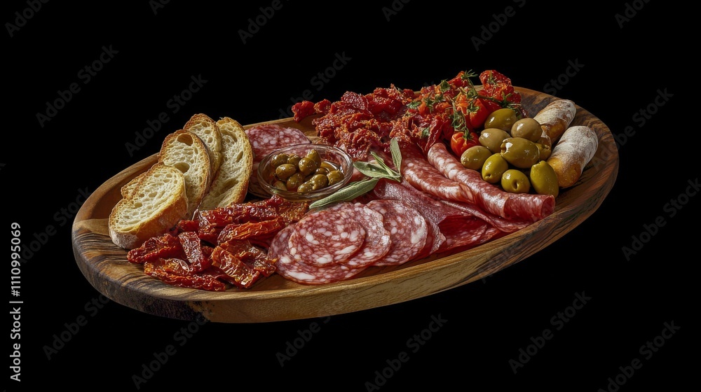 Charcuterie platter with bread, salami, sun dried tomatoes, and olives on wooden board Charcuterie platter with bread, salami, sun dried tomatoes, and olives on wooden board