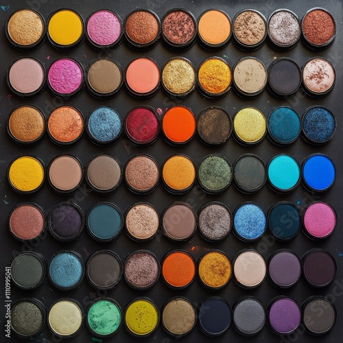 Colorful assortment of eye shadow palettes arranged neatly in squares