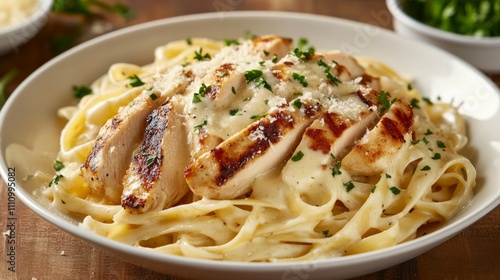 Photo of, A mouthwatering plate of chicken alfredo pasta with creamy garlic sauce, grilled chicken breast