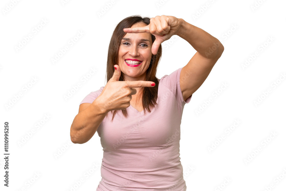 Middle-aged caucasian woman over isolated background focusing face. Framing symbol Middle-aged caucasian woman over isolated background focusing face. Framing symbol