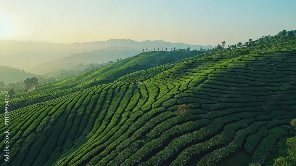 Fototapeta premium Lush Green Tea Plantations Covering Rolling Hills with Gentle Sunrise Light and Serene Landscape in the Background Creating a Peaceful Atmosphere