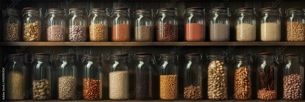 Collection of various grains and legumes arranged neatly on wooden shelf Collection of various grains and legumes arranged neatly on wooden shelf