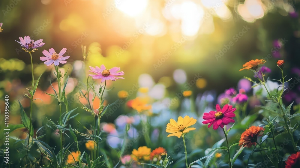 Colorful Flower Garden During Sunset with Beautiful Blossoms and Soft Glowing Light Creating a Serene and Tranquil Atmosphere in Nature Colorful Flower Garden During Sunset with Beautiful Blossoms and Soft Glowing Light Creating a Serene and Tranquil Atmosphere in Nature