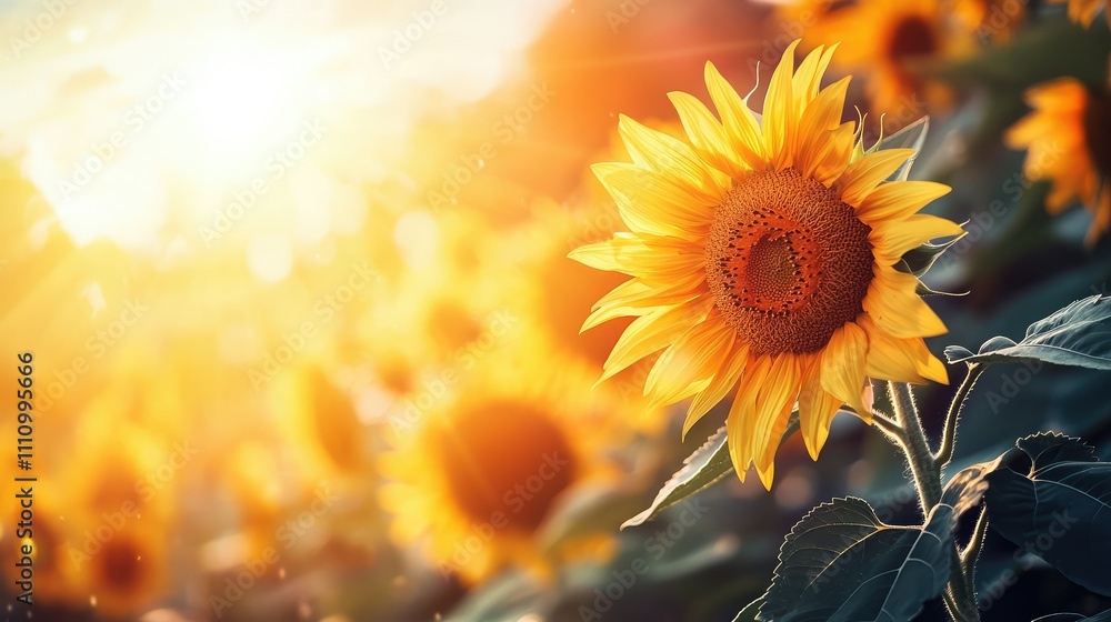 Naklejka premium Vibrant Sunflower Bloom Under Warm Golden Sunlight Radiating Hope and Joy Amidst a Lush Field of Sunflowers in Full Blossom During Summer Season