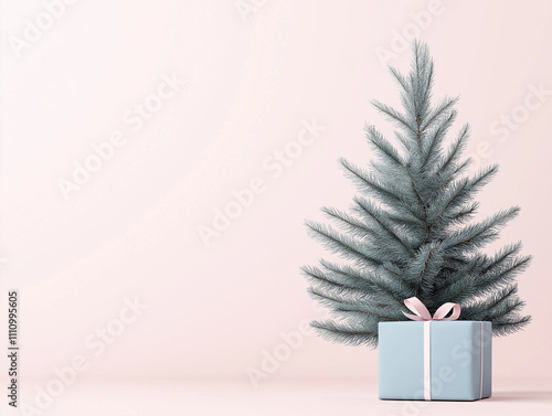 Minimalistic Christmas background with a soft pink gradient, a delicate frosted pine tree, and a pastel blue gift box wrapped with a pink ribbon. A gentle and elegant design with copy space for text 