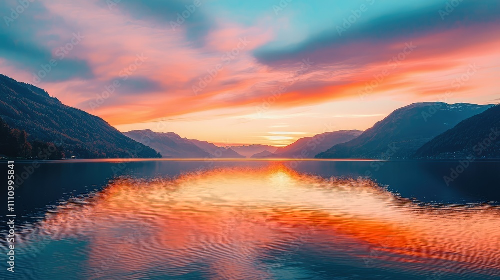 Serene Sunset Over Calm Lake with Mountains and Vibrant Sky Reflections Illuminating the Tranquil Waters in a Picturesque Natural Landscape Serene Sunset Over Calm Lake with Mountains and Vibrant Sky Reflections Illuminating the Tranquil Waters in a Picturesque Natural Landscape