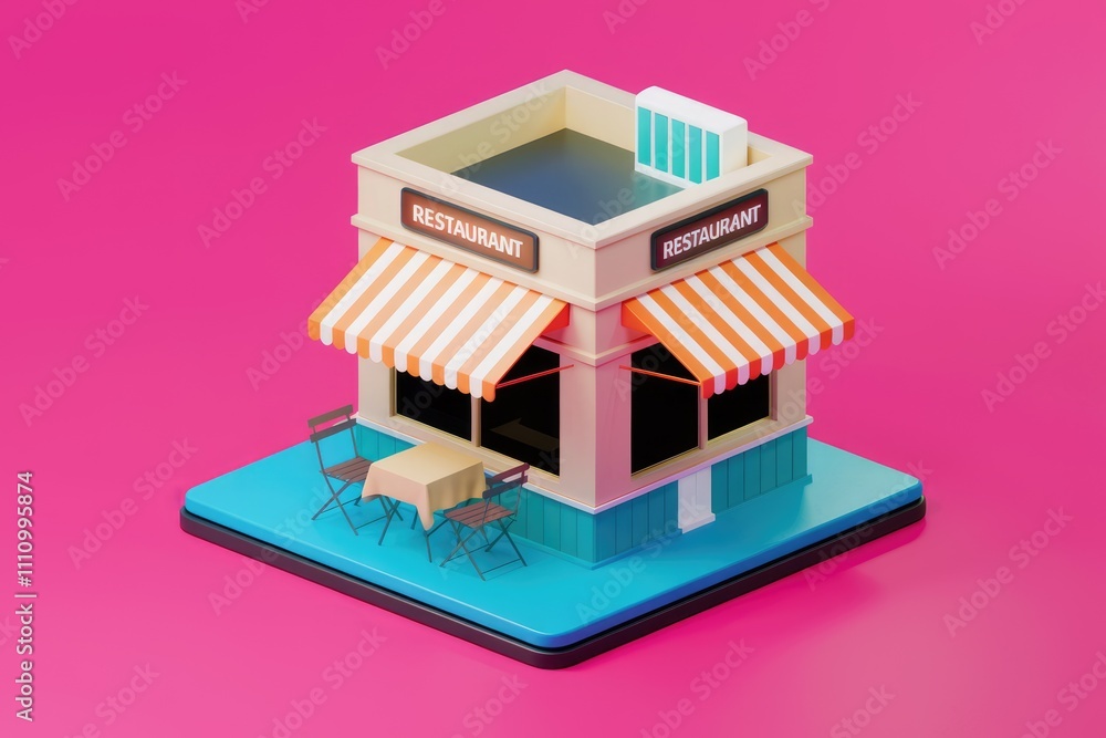 A simple 3D rendering of a small restaurant building with a patio. A simple 3D rendering of a small restaurant building with a patio.