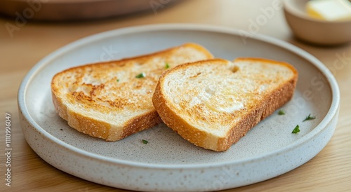 Delicious slices of toasted bread topped with butter and sugar on a wooden plate