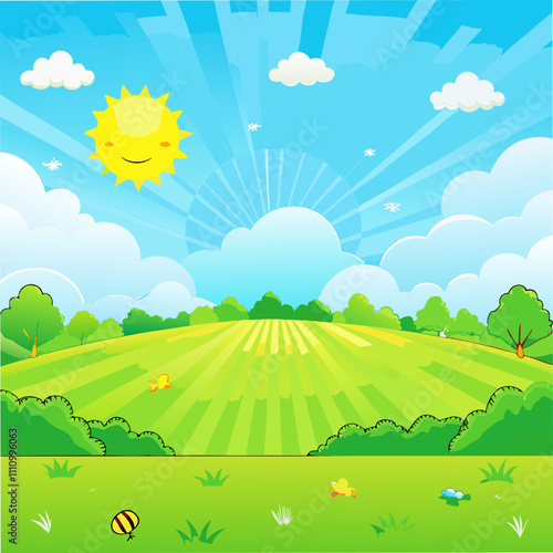 Vector cartoon green landscape summer with tree
