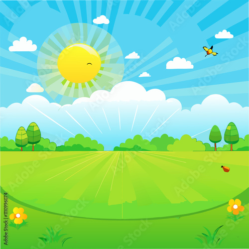 Vector cartoon green landscape summer with tree
