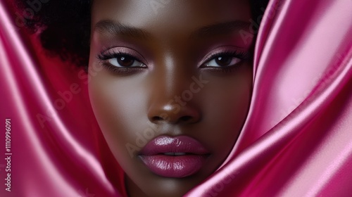 Captivating Portrait of African Woman Encased in Pink Satin Fabric