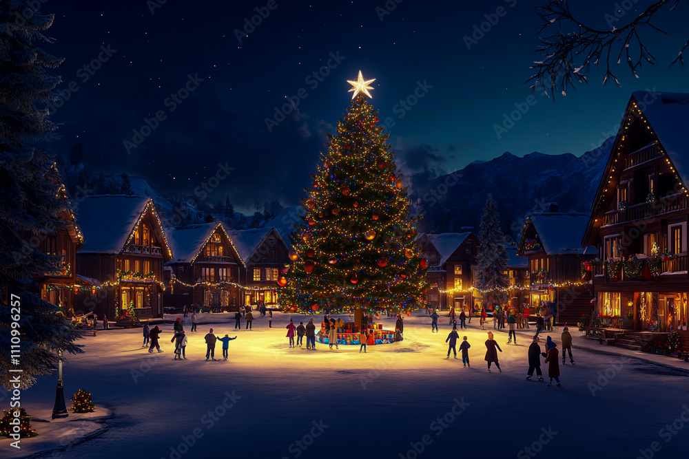 A large Christmas tree stands in the center of an old European village A large Christmas tree stands in the center of an old European village
