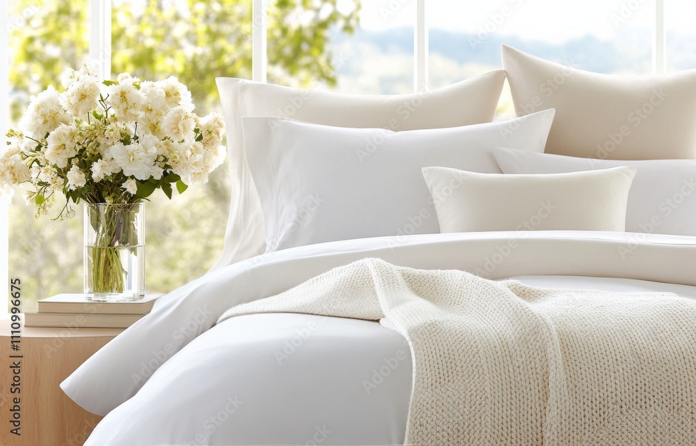 Soft white bedding with fresh flowers in a sunlit room overlooking nature Soft white bedding with fresh flowers in a sunlit room overlooking nature