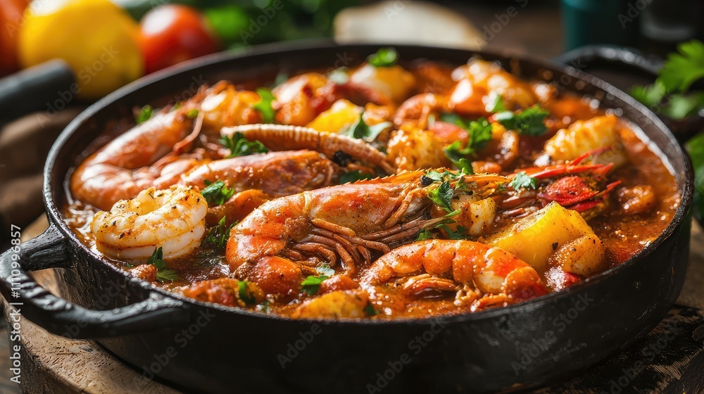 Delicious seafood stew cooked with shrimp, crab, and various spices served in black cast iron pot garnished with fresh herbs and vegetables for a festive meal Delicious seafood stew cooked with shrimp, crab, and various spices served in black cast iron pot garnished with fresh herbs and vegetables for a festive meal