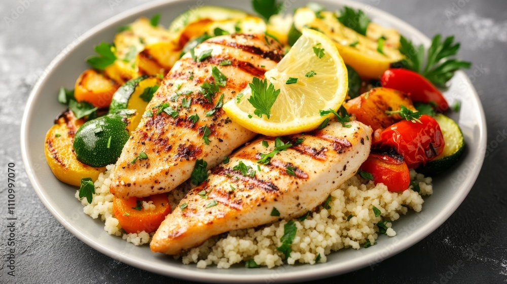 Photo of, A mouthwatering plate of grilled chicken breast marinated in lemon and herbs, served with roasted vegetables and couscous Photo of, A mouthwatering plate of grilled chicken breast marinated in lemon and herbs, served with roasted vegetables and couscous