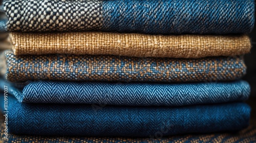 Collection of Various Fabrics Displaying Different Textures and Patterns in Shades of Blue, Tan, and Brown for Textile, Fashion, and Design Inspirations photo