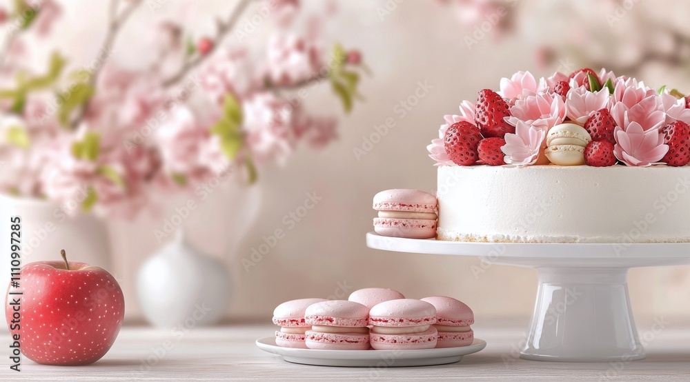 Beautiful dessert table with cherry blossoms, cake, and macarons during springtime celebration Beautiful dessert table with cherry blossoms, cake, and macarons during springtime celebration