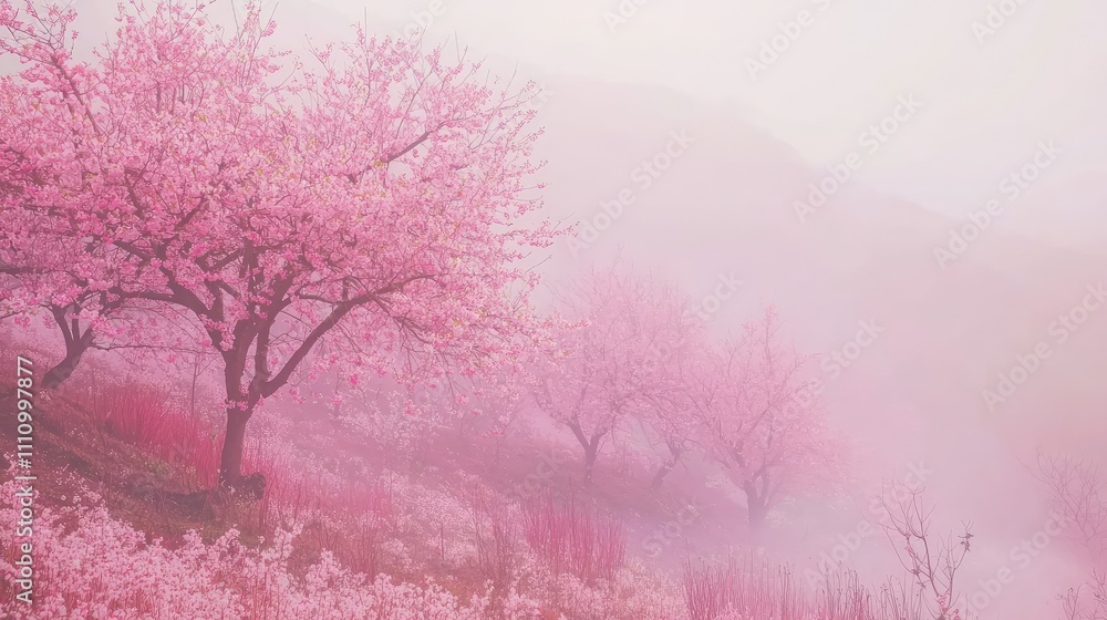 Serene Landscape with Cherry Blossom Trees Amidst Misty Haze, Capturing the Beauty of Springtime in Nature's Tranquil Oasis with Delicate Pink Petals Serene Landscape with Cherry Blossom Trees Amidst Misty Haze, Capturing the Beauty of Springtime in Nature's Tranquil Oasis with Delicate Pink Petals