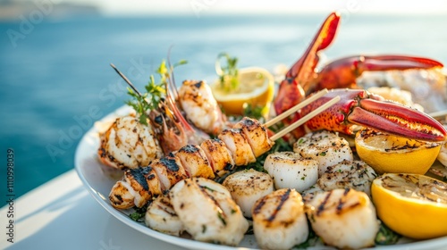 Photo of, A mouthwatering plate of grilled seafood featuring lobster tail, shrimp skewers