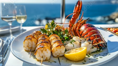 Photo of, A mouthwatering plate of grilled seafood featuring lobster tail, shrimp skewers