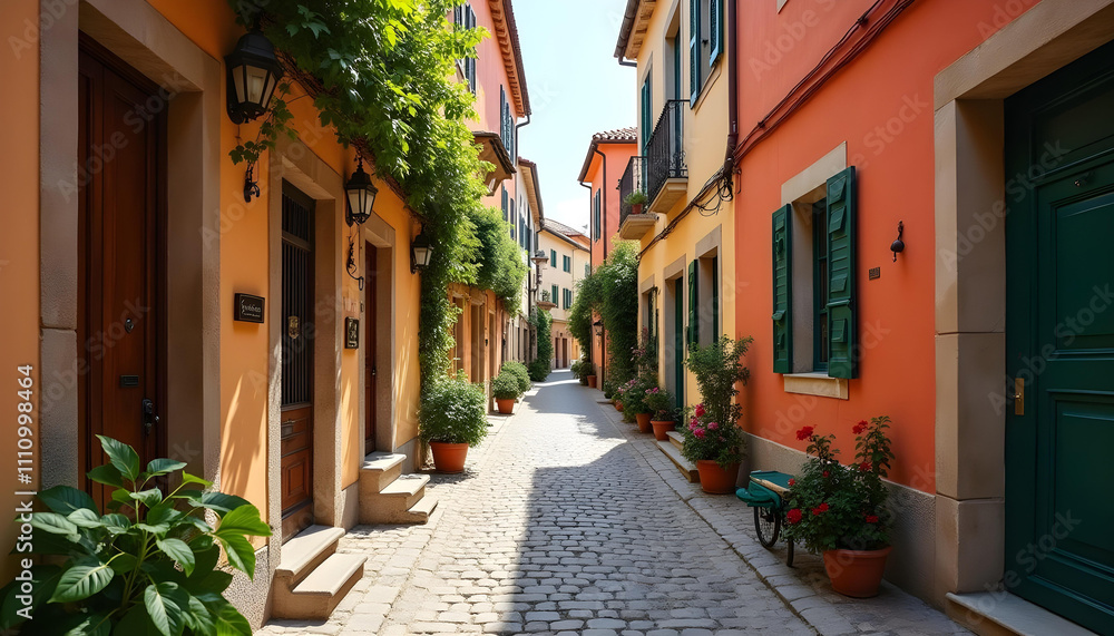 A narrow cobblestone street in an old European village with colorful houses. A narrow cobblestone street in an old European village with colorful houses.