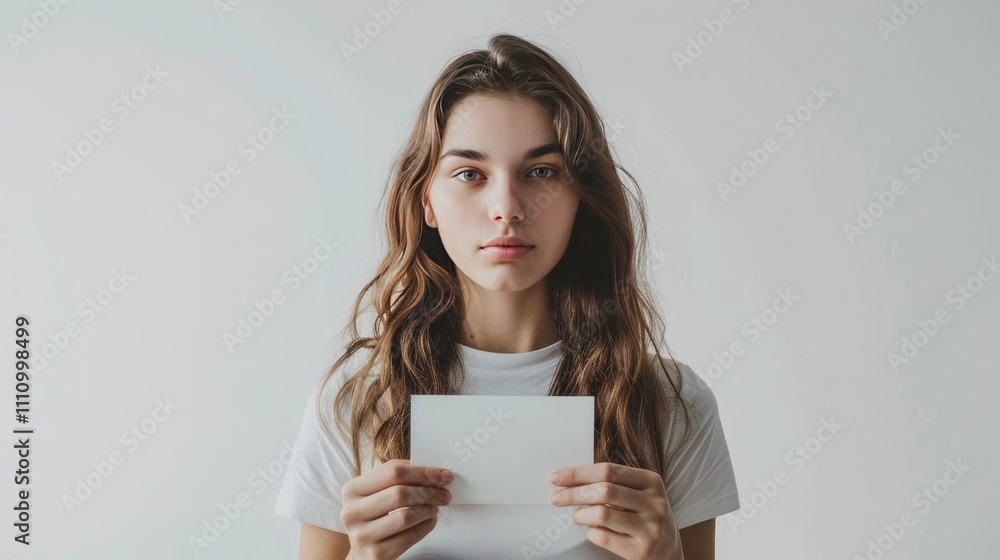 A woman standing with a blank card in both hands, looking directly at the camera with a white background surrounding her A woman standing with a blank card in both hands, looking directly at the camera with a white background surrounding her
