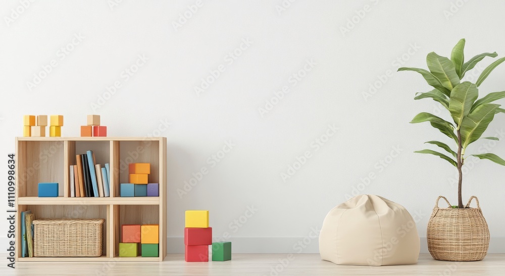 Bright and minimalistic childrens playroom with bookshelves and colorful blocks Bright and minimalistic childrens playroom with bookshelves and colorful blocks