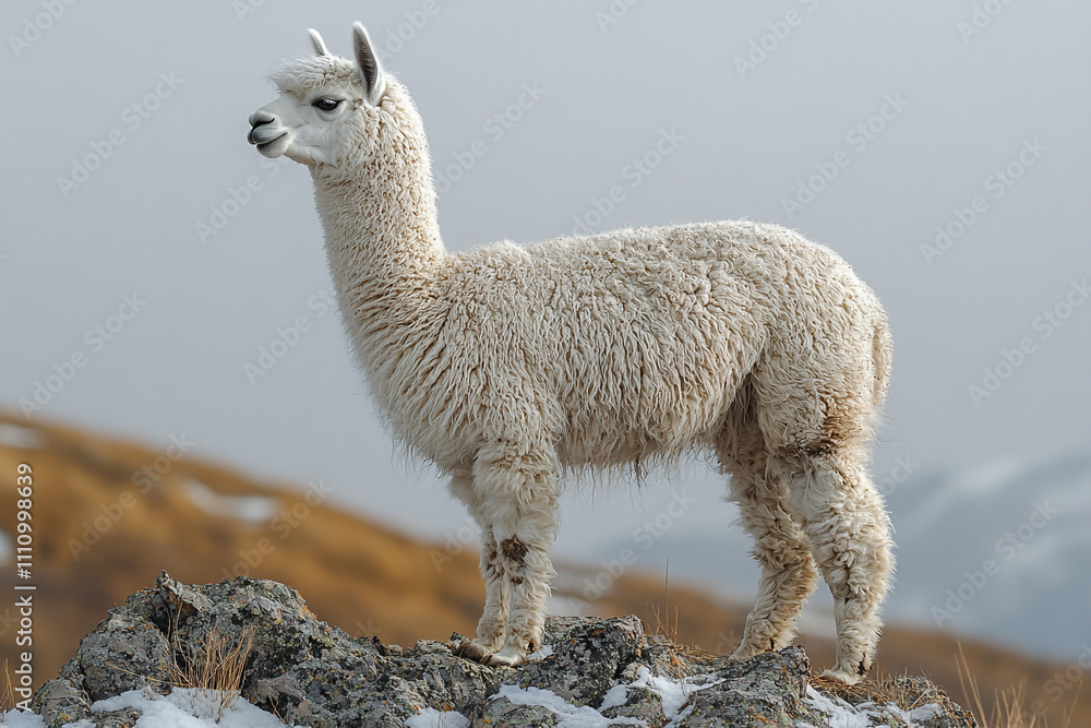 White Alpaca Stands on Rocky Mountain Peak White Alpaca Stands on Rocky Mountain Peak