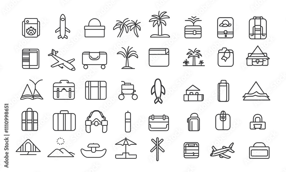 Collection of Summer and Travel Themed Outline Icons Collection of Summer and Travel Themed Outline Icons