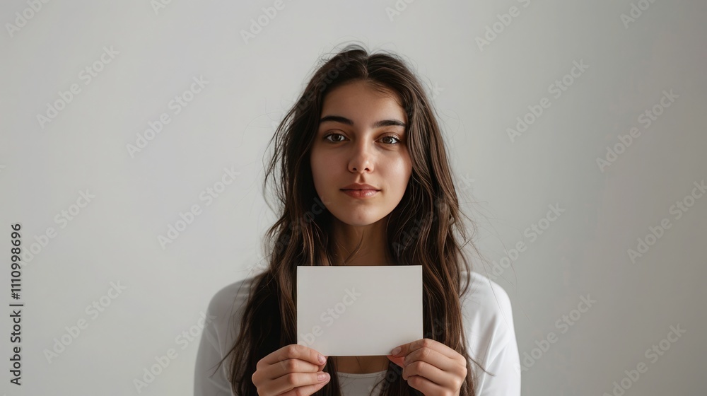 A woman standing with a blank card in both hands, looking directly at the camera with a white background surrounding her A woman standing with a blank card in both hands, looking directly at the camera with a white background surrounding her