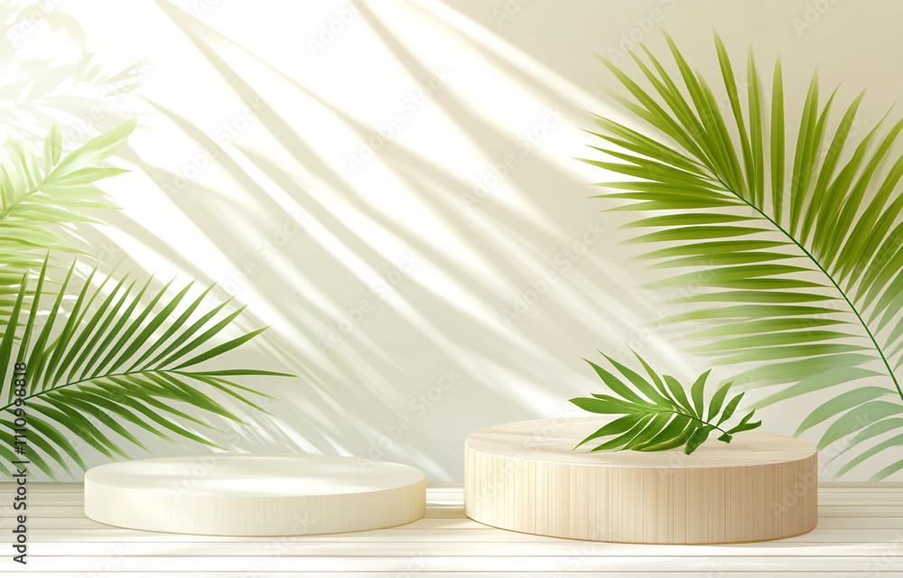 Tropical decor with wooden platforms and palm leaves creating a serene atmosphere in sunlight Tropical decor with wooden platforms and palm leaves creating a serene atmosphere in sunlight