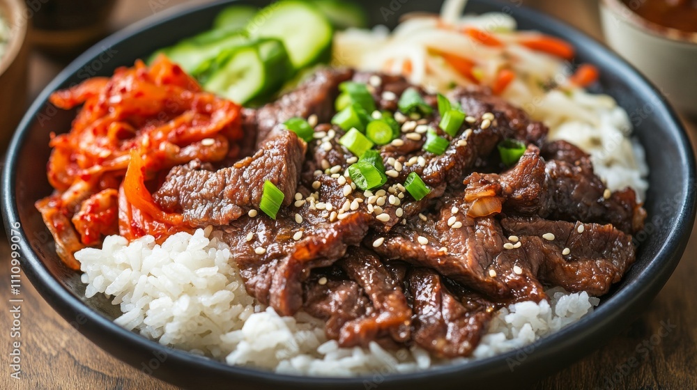 Fototapeta premium Photo of, A mouthwatering plate of Korean barbecue bulgogi served with steamed white rice, kimchi