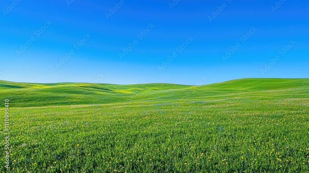 Expansive Green Rolling Hills Under Bright Blue Sky with Clear Horizon and Sunlit Meadow Featuring Lush Grass and Vibrant Nature for Background or Landscape Use Expansive Green Rolling Hills Under Bright Blue Sky with Clear Horizon and Sunlit Meadow Featuring Lush Grass and Vibrant Nature for Background or Landscape Use