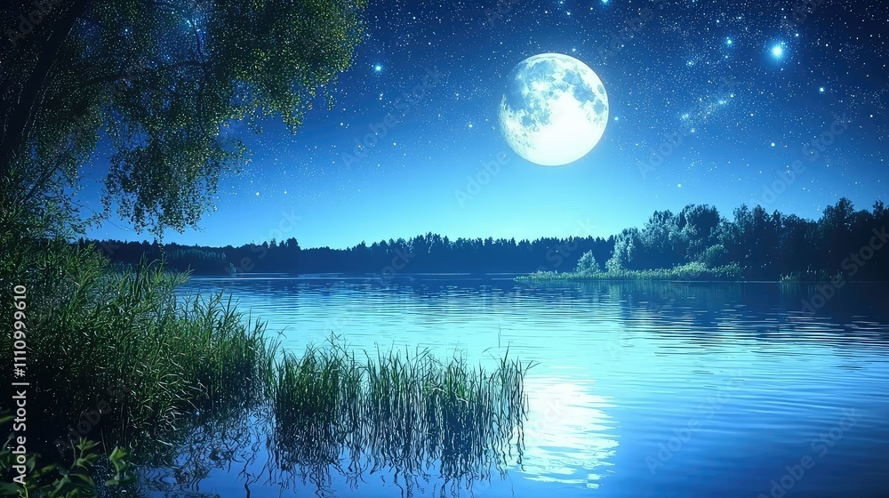 Serene Nighttime Landscape with a Bright Moon Over Lake, Stars Reflecting on Calm Water, Lush Greenery in the Foreground and a Peaceful Atmosphere Serene Nighttime Landscape with a Bright Moon Over Lake, Stars Reflecting on Calm Water, Lush Greenery in the Foreground and a Peaceful Atmosphere
