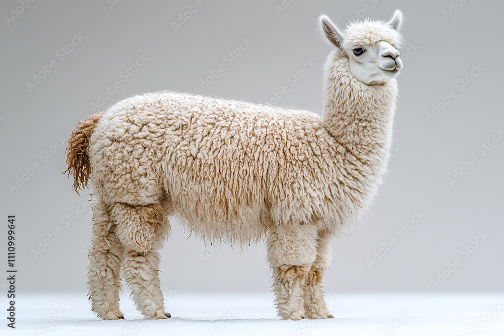 Fototapeta premium White Alpaca Standing in Winter Snow