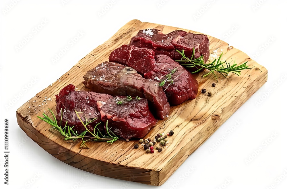 Beef steaks on a wooden board, isolated against a white background. Detailed photo with cinematic lighting raw beef steak with rosemary Beef steaks on a wooden board, isolated against a white background. Detailed photo with cinematic lighting raw beef steak with rosemary