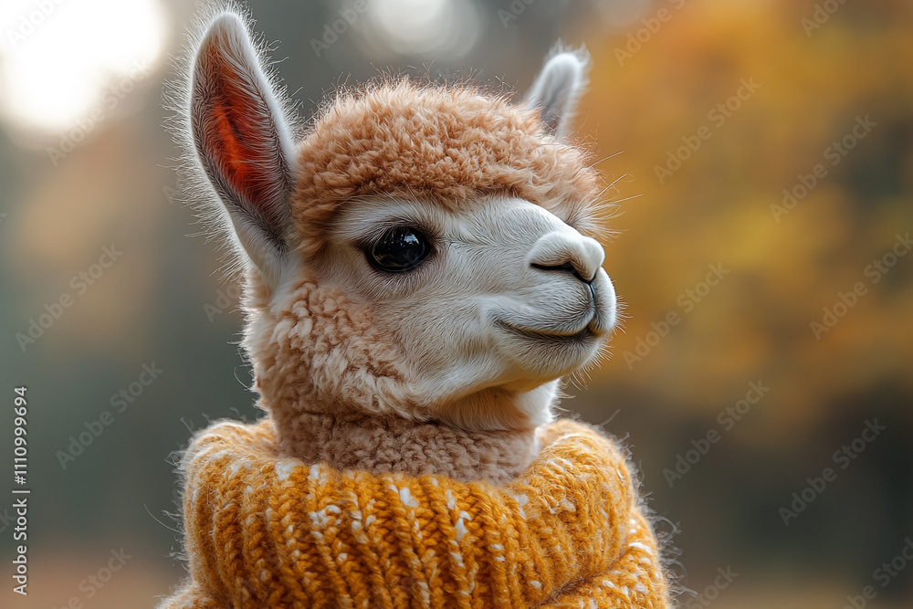 Fototapeta premium Adorable Alpaca Wearing a Yellow Knit Sweater in Autumn