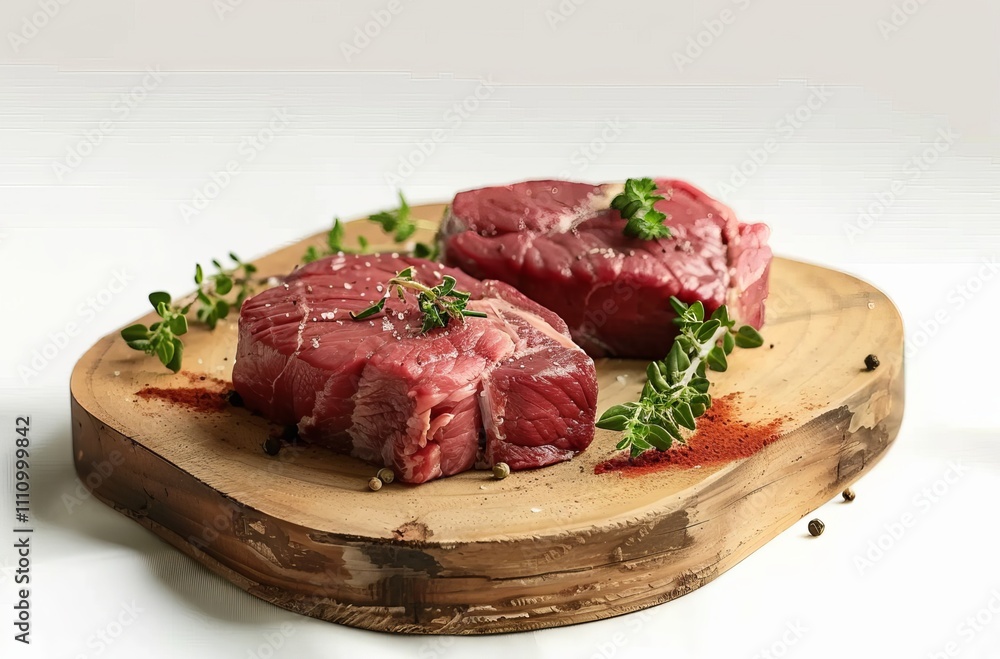 Beef steaks on a wooden board, isolated against a white background. Detailed photo with cinematic lighting raw beef steak with rosemary Beef steaks on a wooden board, isolated against a white background. Detailed photo with cinematic lighting raw beef steak with rosemary