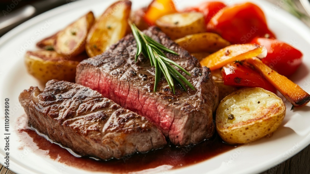 Photo of, A mouthwatering plate of perfectly seared steak served with roasted potatoes and a side of sautéed vegetables, Steak plated elegantly Photo of, A mouthwatering plate of perfectly seared steak served with roasted potatoes and a side of sautéed vegetables, Steak plated elegantly