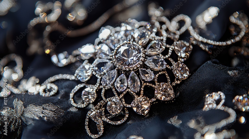 Exquisite close-up of an intricate jewelry design featuring sparkling gems and delicate silver embellishments against a dark fabric background showcasing elegance and luxury. Exquisite close-up of an intricate jewelry design featuring sparkling gems and delicate silver embellishments against a dark fabric background showcasing elegance and luxury.